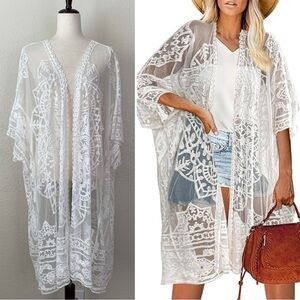 White Boho Mesh Lace Swimwear Beach Cover up Kimono Cardigan, One Size